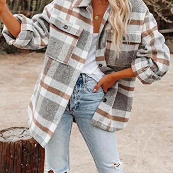 Women's Flannel Plaid Shacket 2025 Fall Outfits Long Sleeve Button Down Shirts J - Picture 3 of 6